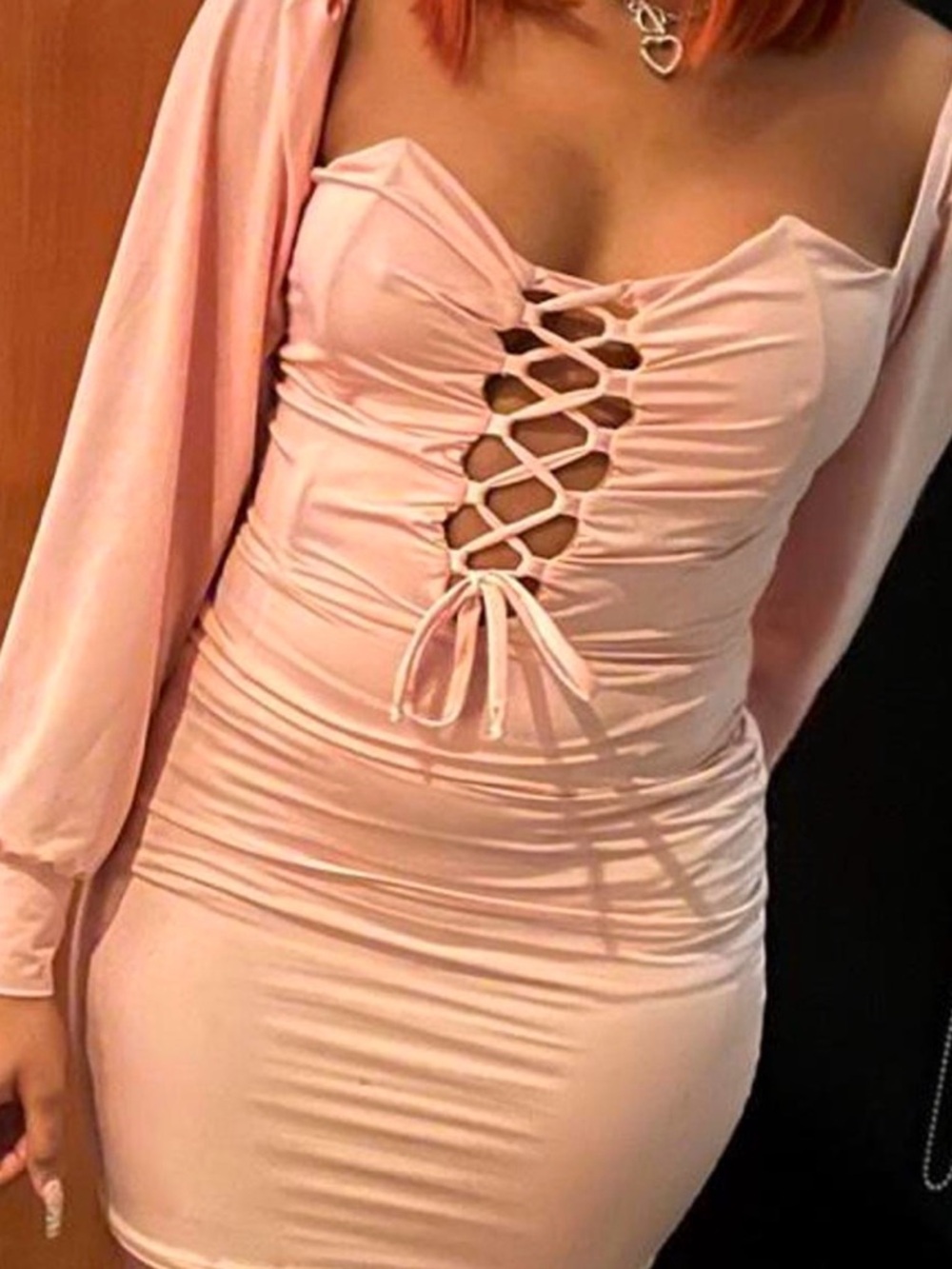 Ruched Lace-Up Long Sleeve Bodycon Dress in Light Pink